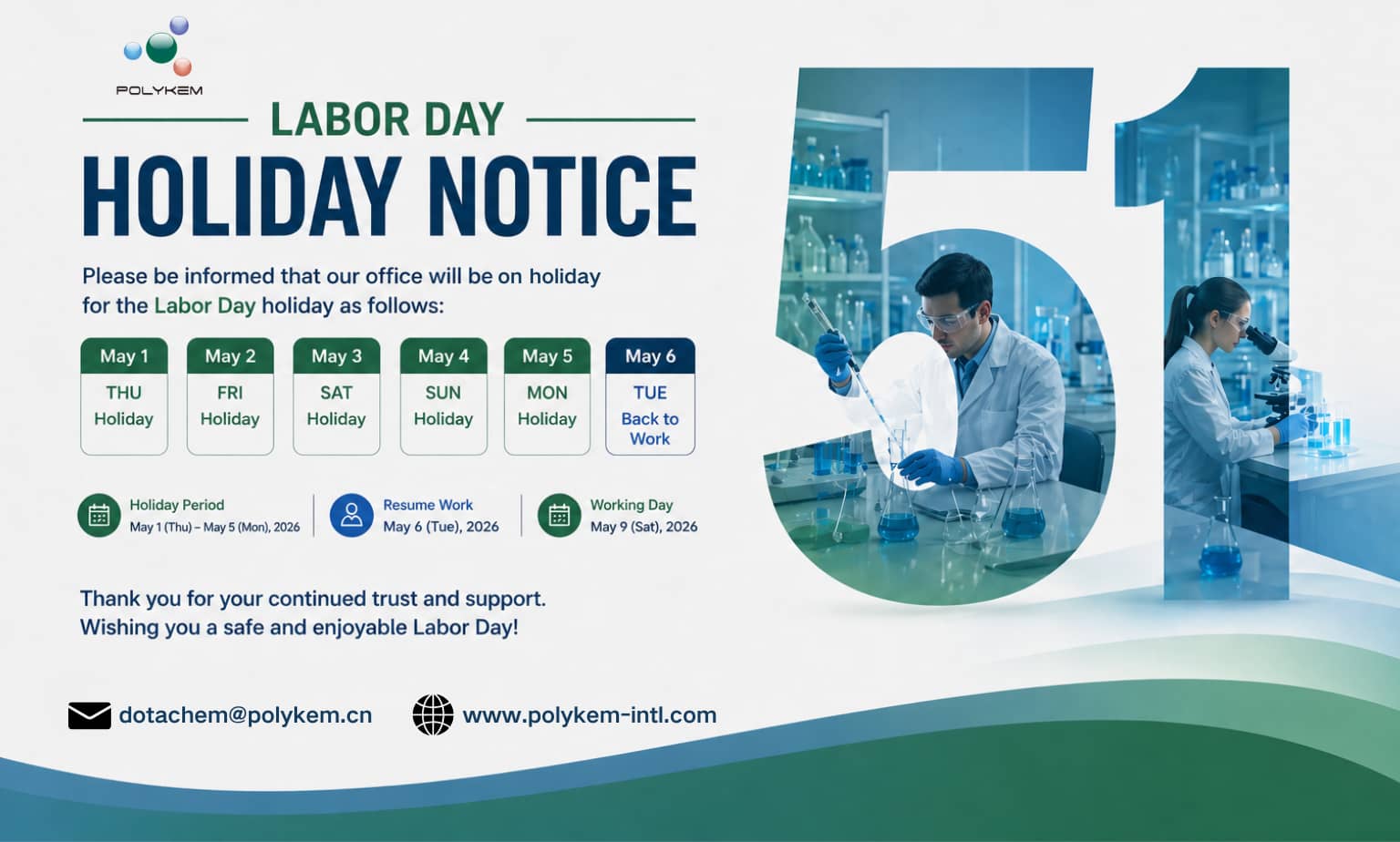Erinnerung an Feiertagsvereinbarungen und Auftragsplanung für den Polykem Labor Day